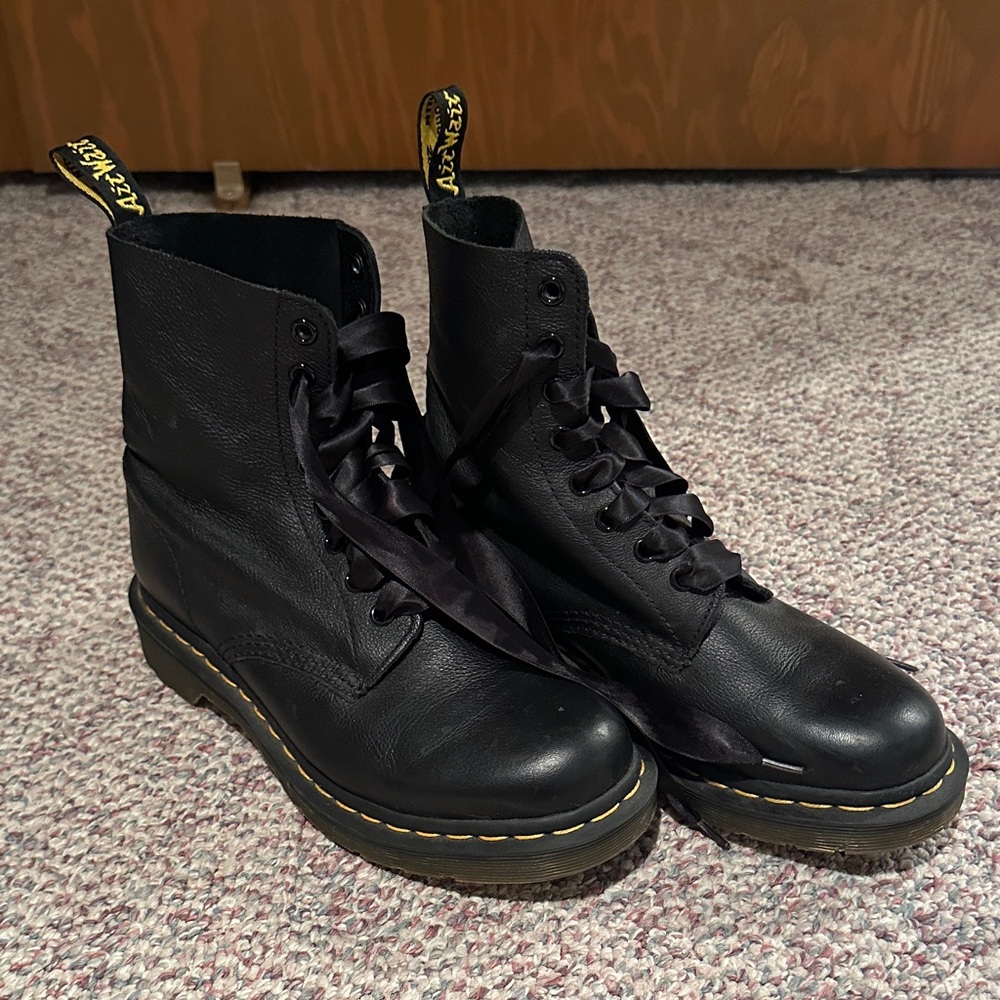 Dr. Martens Black Leather Lace-Up Boots with Yellow Stitching